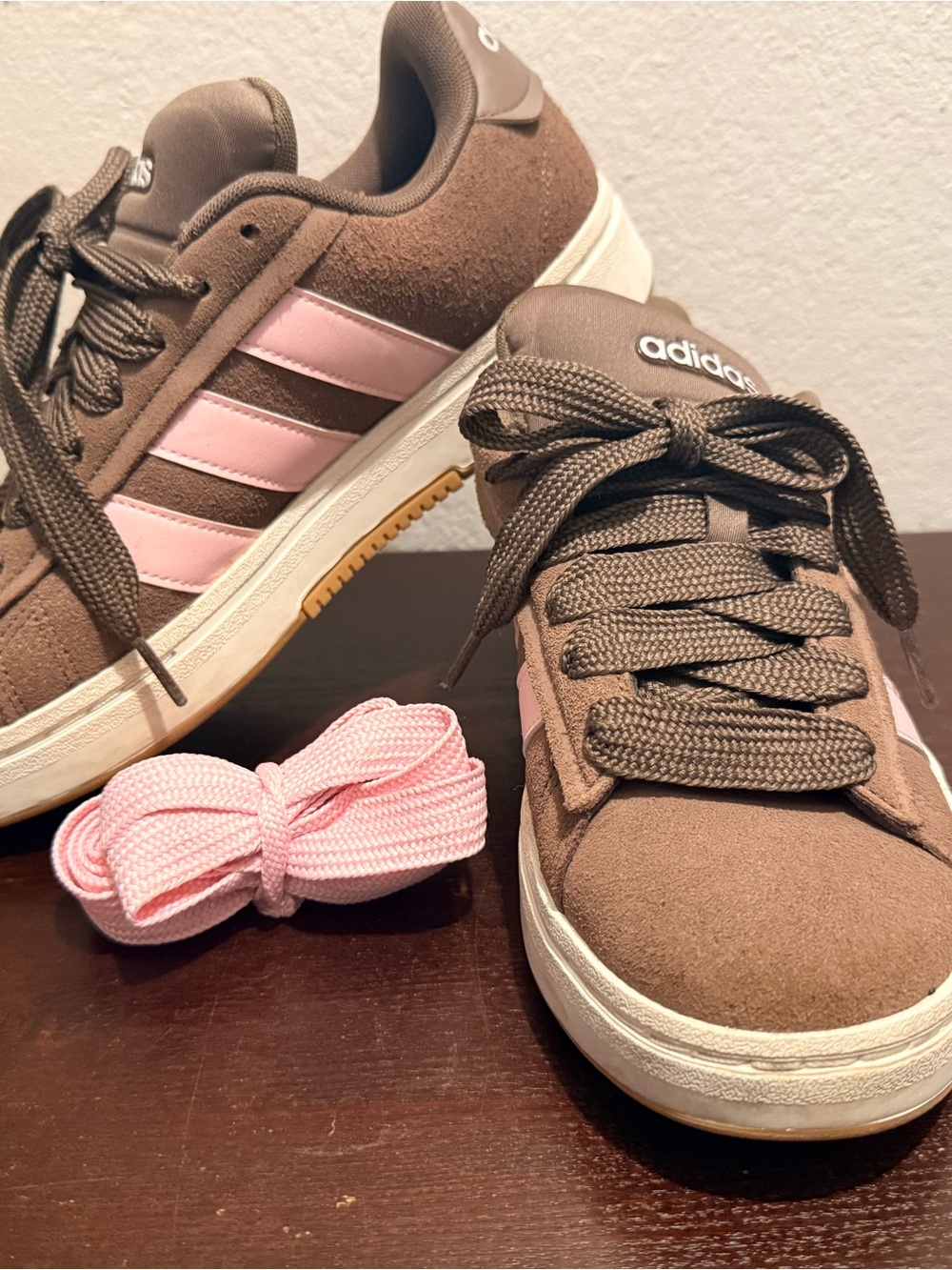 adidas Brown Suede Sneakers with Pink Stripe Accents